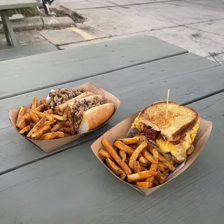 Mac Cheese and Bacon Grilled Cheese with Fries