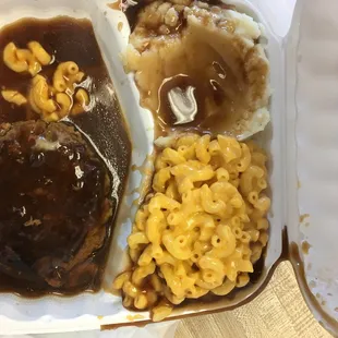 Salisbury, mashed potatoes, Mac and cheese ( Carb Over Load)