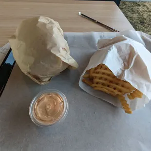 Number two combo, double cheeseburger, frix, and sauce