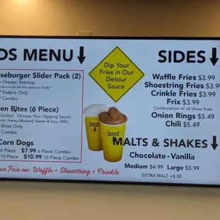 Menu 3, kids sides and shakes