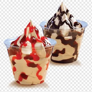 Sundaes, chocolate, strawberry, banana. Hot fudge
