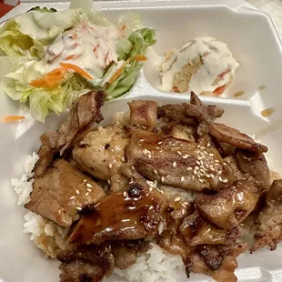 Teriyaki bowl, the dressing on the potato and salad was so good.