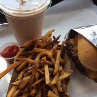 Bacon cheddar, fries, choc shake