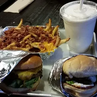 Bacon cheddar burger, 'shroom burger, "healthy" fries and vanilla milkshake