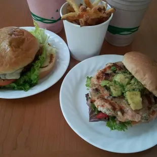 My Salmon Cali Burger on the right, with the `Shroom Burger on the left.  Fries, and shakes to complete the package.