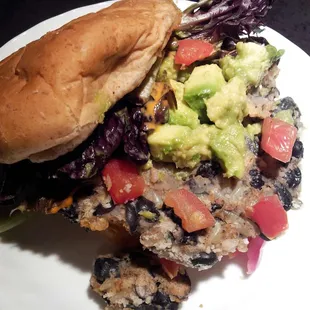 California Burger - Black Bean Veggie burger with Avocado and Greens.