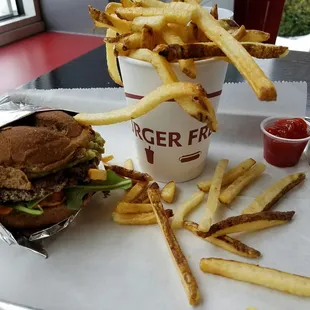 California burger on wheat with fries