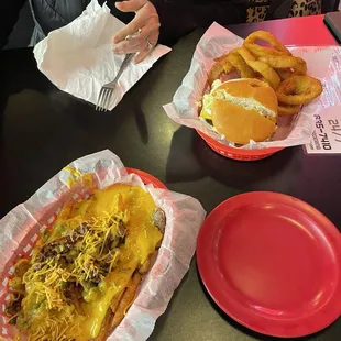 Fabulous Philly Fries (left) &amp; The Burger Girl Combo w onion rings (right)