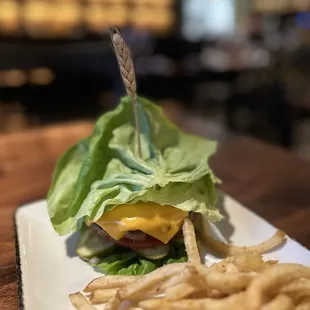 Burger without the bun + cute little grain and fries.