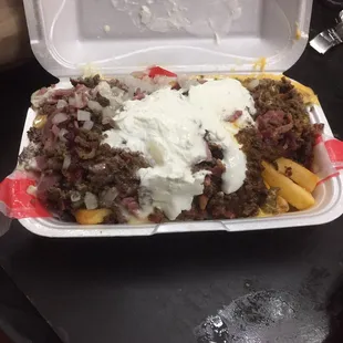 Chili Cheese Burger Fries with corned beef and sour cream