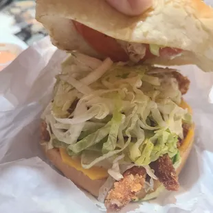 The inside of the shrimp burger.