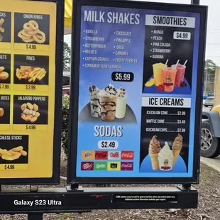 the menu and prices of milkshakes and sodas