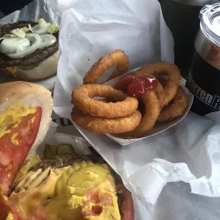Cheeseburgers and onion rings