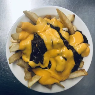 a plate of cheese fries