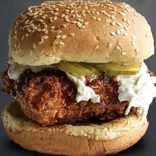 a fried chicken sandwich on a bun