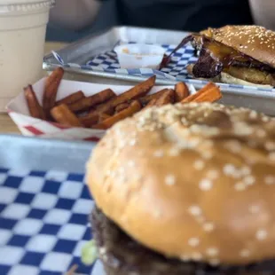 Cowboy burger, sweet potato fries, vanilla shake