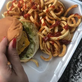 Cheeseburger and fries to go