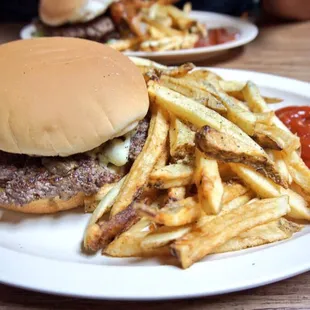 Mushroom cheeseburger and fries. This was absolutely delicious