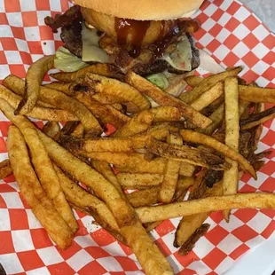 Cowboy Burger - added onion rings and BBQ sauce