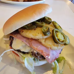 Hawaiian Burger, w/ jalapeños, is Hawaiian Punch Burger