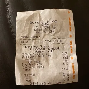 the receipt for the burger king