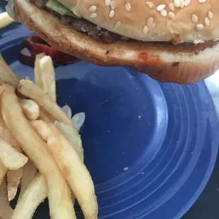a hamburger and fries on a blue plate