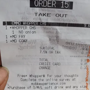 the receipt for order 15 take out