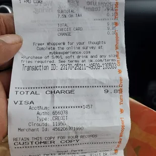 the receipt for the meal