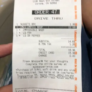 the receipt for the order