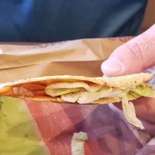 Tacos: Where do I begin? Too &quot;skinny&quot;, not enough filling and no taco sauce inside that puppy. My guy rates them as a 1 out of 10.