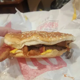 garbage, flat bacon king burger.