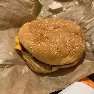 a hamburger and a drink