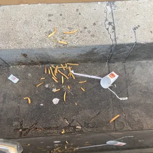 a fork and fries on the ground