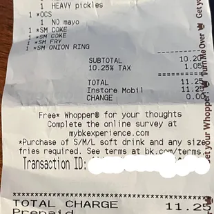 Receipt for $11.25 double meal