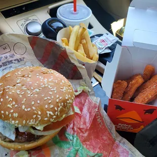 Stale Whopper Jr. slider and spicy chicken fries.