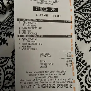 a receipt for a drive thru