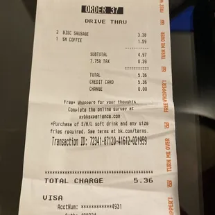 the receipt for the restaurant