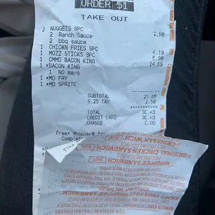 a receipt for a take out