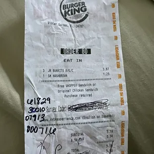 the receipt for the restaurant