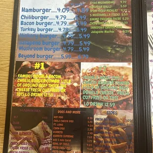 the menu of the burger land