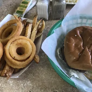 Fries onion rings and burger