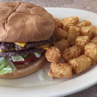 Famous double meat and cheese burger and tots