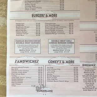 a menu for burgers and more
