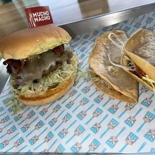 Mucho Macho cooked medium well with two Tacos instead of fries. So good and juicy