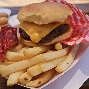 Fancy single cheeseburger and fries