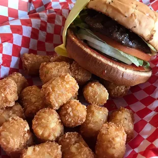 Madness Gourmet Burger with tater tots obviously