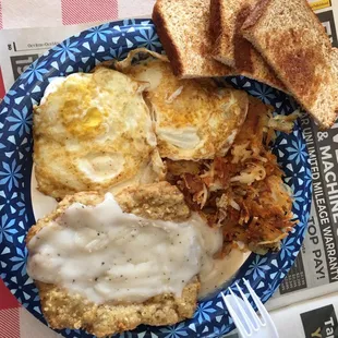 Chicken fried steak and eggs they obviously don&apos;t know how to cook eggs here this is the most disgusting breakfast I&apos;ve had in years