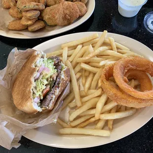 Burger special and plate of zucchini.