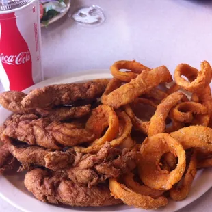 Chicken strip mania with onion rings oh my