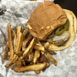 1/4 pound grilled onion cheeseburger with hand cut fries